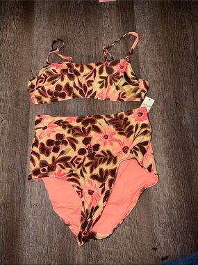 aerie Floral High-Waist Bikini Set - Pink, Brown & Cream